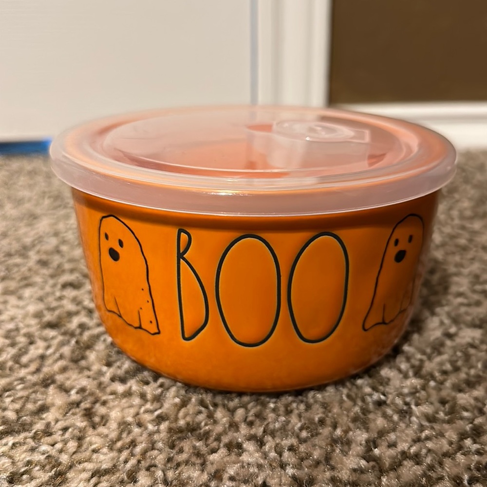 Rae Dunn Halloween Boo Orange Ghosts Ceramic bowl with lid